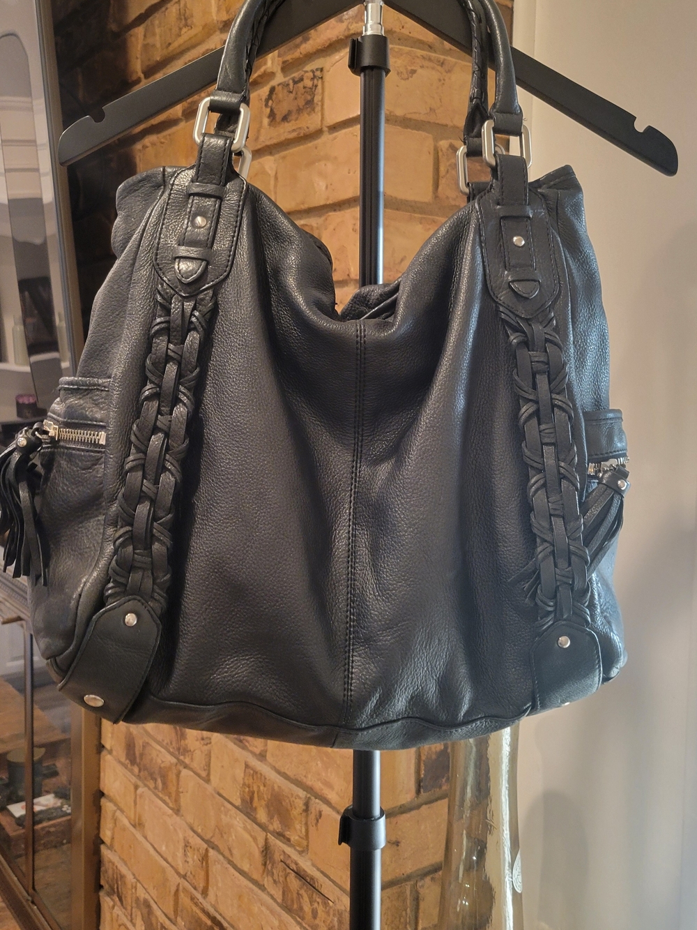 Kenneth Cole Black Leather Braided-Handle Shoulder Bag